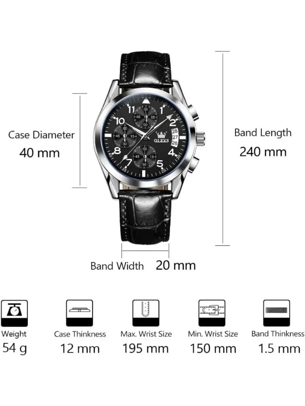 Men's Silver Black Leather Chronograph Watch Big Face Waterproof Luminous Watch